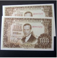 España - 100 Pesetas 1953 - Julio Romero de Torres (Pareja de billetes consecutivos Sin Circular)