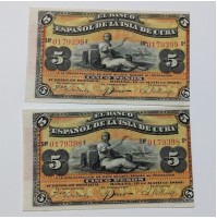 España - Pareja de Billetes de 5 Pesos de 1896 Isla de Cuba consecutivos