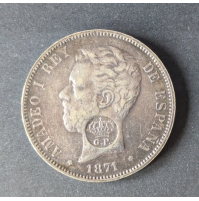 España — 5 Pesetas 1871 *71 Amado I — Resello G.P. de Plata
