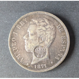 España — 5 Pesetas 1871 *71 Amado I — Resello G.P. de Plata