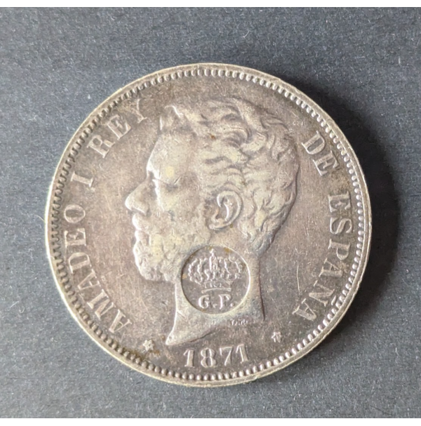 España — 5 Pesetas 1871 *71 Amado I — Resello G.P. de Plata