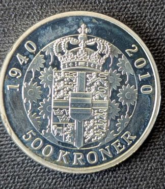 Moneda de plata de 500 Kroner de Dinamarca, 70º Aniversario de la reina Margrethe II (2010)