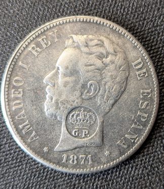 España - 5 pesetas 1871 (18-71) - Amadeo I - Con resello "G.P." (Azores)