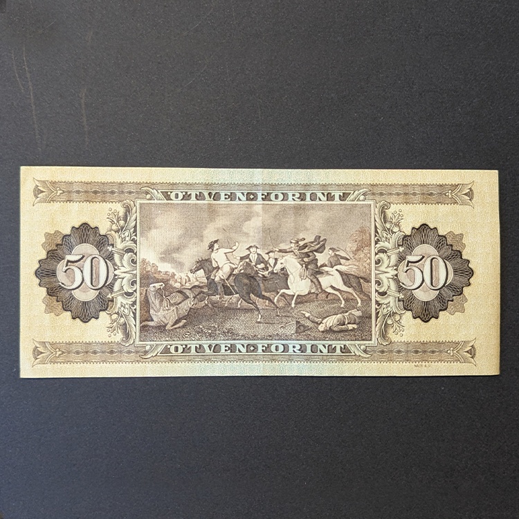 billetes-07 Billete de 50 forintos de Hungría (1983) - Francisco II Rákóczi y caballería Kuruc