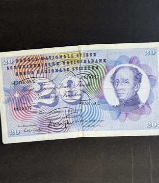 Billete de 20 francos de Suiza (1956) - General Dufour y cardo plateado