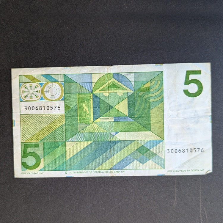billetes-32 Billete de 5 Florines de Países Bajos, Joost van den Vondel (1973)