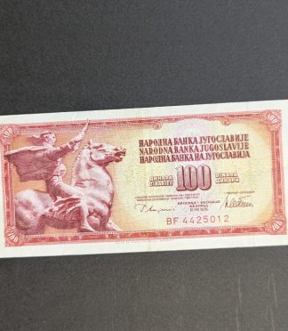Billete de 100 Dinares de Yugoslavia, estatua de la Paz (1978)