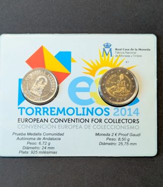 Cartera oficial Torremolinos 2014 con 2 euros Gaudí proof y medalla de plata