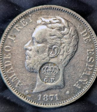 5 Pesetas de Amadeo I (1871) con Resello "G.P." (Gobierno Portugués) - Rareza Histórica