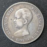5 Pesetas 1891 Alfonso XIII "Pelón", estrellas 18-91