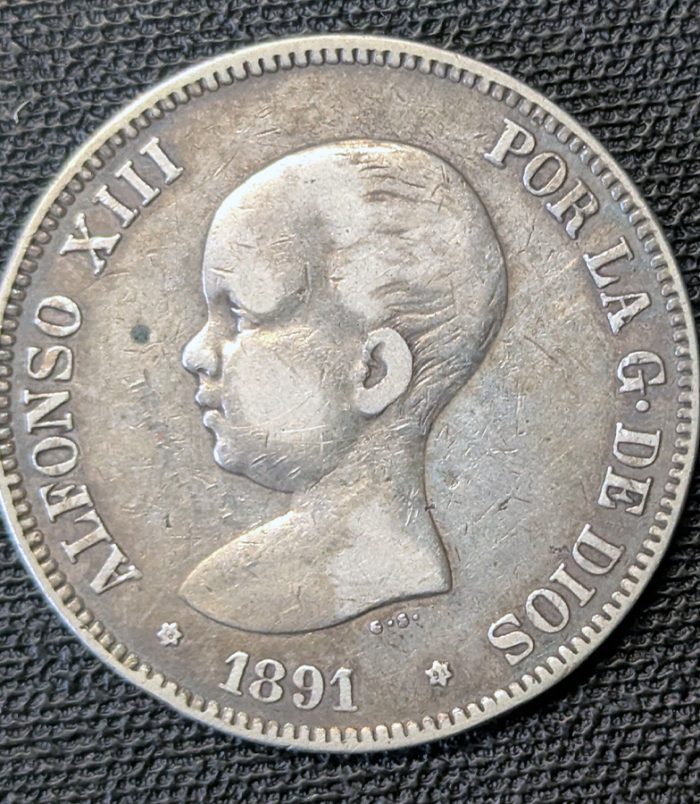 5 Pesetas 1891 Alfonso XIII "Pelón", estrellas 18-91