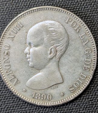 5 pesetas 1890 Alfonso XIII, estrellas 18-90 visibles. Calidad excelente
