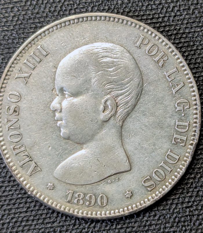5 pesetas 1890 Alfonso XIII, estrellas 18-90 visibles. Calidad excelente