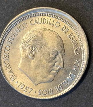 Moneda de 5 pesetas de Francisco Franco, 1957 (* 58) - El emblemático "Duro" del Estado Español (Error de acuñación)