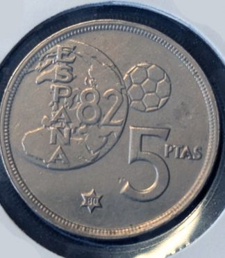 ¡EXCLUSIVA! 5 Pesetas 1975 "ERROR MUNDIAL 82". Híbrida (Mula) Estrella 80. Calidad SC