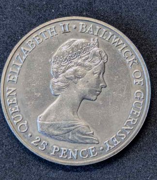 Moneda de 25 peniques de Guernsey (1980) - 80º cumpleaños de la Reina Madre