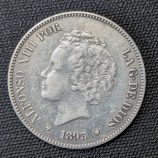 5 pesetas 1893 Alfonso XIII "Tupé", estrellas 18-93 visibles