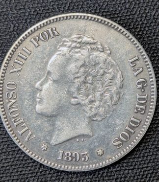 5 pesetas 1893 Alfonso XIII "Tupé", estrellas 18-93 visibles