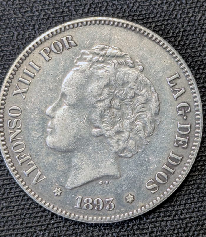 5 pesetas 1893 Alfonso XIII "Tupé", estrellas 18-93 visibles