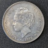 5 pesetas 1892 Alfonso XIII "Tupé", primera fecha. Pátina espectacular