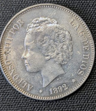 5 pesetas 1892 Alfonso XIII "Tupé", primera fecha. Pátina espectacular