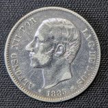 5 pesetas 1885 Alfonso XII, estrellas 18-85 visibles. Último año