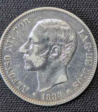 5 pesetas 1885 Alfonso XII, estrellas 18-85 visibles. Último año