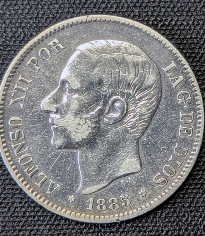 5 pesetas 1885 Alfonso XII, estrellas 18-85 visibles. Último año