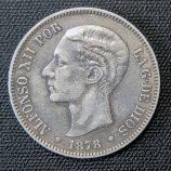 5 pesetas 1878 Alfonso XII, estrellas 18-78 visibles. Ensayadores E.M.-M.