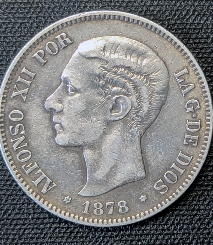 5 pesetas 1878 Alfonso XII, estrellas 18-78 visibles. Ensayadores E.M.-M.