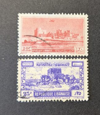 Pareja sellos Líbano República fortalezas históricas Saida y Byblos