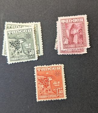 Lote sellos Tánger Correo Español mapa y tipos costumbristas